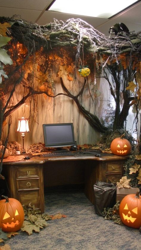 Transform your office into a ghostly realm with ethereal Halloween decorations. Hang sheer white curtains in doorways for a spectral effect. Create floating ghost clusters using helium balloons and cheesecloth. Use pale blue LED lights to cast an otherworldly glow. Set up a spirit photography station with vintage cameras and spooky backdrops. Replace normal name tags with tombstone-shaped versions. These haunting touches will create a unique and atmospheric Halloween experience for all. Halloween Lab Decorations, Halloween Decor Office Ideas, Halloween Desk Decorating Contest, Haunted House Office Decorations, Cubicle Halloween Decorating Contest, Halloween Cubicle Decor Contest, Halloween Desk Decorations For Work, Halloween Office Themes, Office Halloween Themes