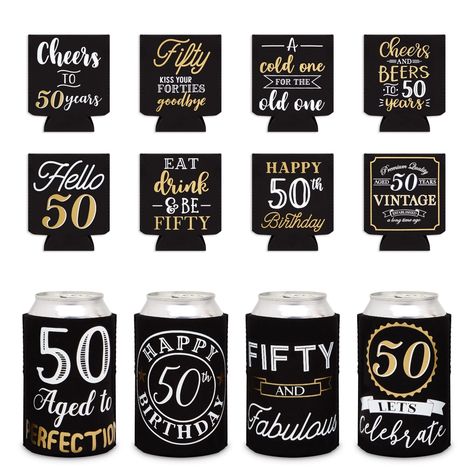 PRICES MAY VARY. Cheers and Beers to 50 Years: This set of 12 black can sleeves feature celebratory messages in gold and white font with sayings such as "Hello 50," "50 Ages to Perfection," and "Fifty and Fabulous" 50th Birthday Party Favors for Guests: Keep drinks cold for hours with our personalized can cooler sleeves, designed to insulate drinks and prevent temperature transfer from external and body heat Durable Material: Our 50th birthday can coolers are made from easy-to-clean 3MM diving m Canned Beverages, Cheers To 30 Years, Beer Coozie, Bday Decor, Birthday Decorations For Men, Happy Drink, 30th Birthday Decorations, 50th Birthday Decorations, Cheer Party