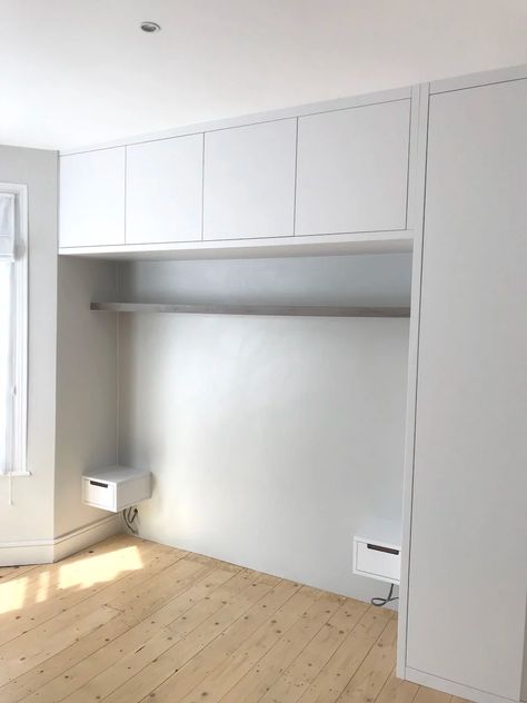 Overbed fitted wardrobes and storage units, bespoke overhead storage Overhead Storage Bedroom, Space Savers Bedroom, Overbed Storage, Fitted Wardrobes Bedroom, Bed Unit, Bedroom Built In Wardrobe, All White Room, Air Clay, Storage Bedroom