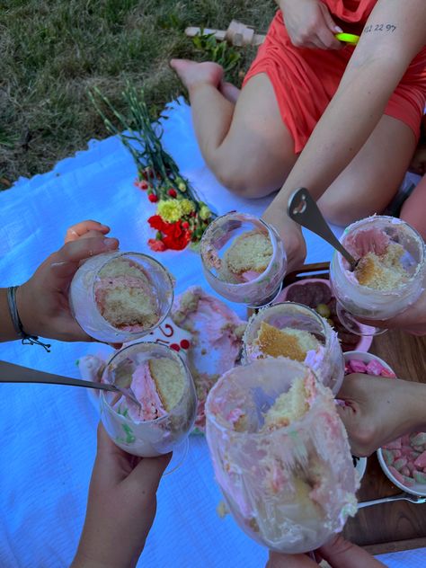 Eating Cake With Wine Glasses Aesthetic, Cake In A Wine Glass Aesthetic, Eating Cake With Wine Glasses, Cake Glass Trend, Cake Wine Glass Picnic, July Birthday Aesthetic, Birthday Lunch Aesthetic, Cake In Wine Glasses, Cake With Glasses