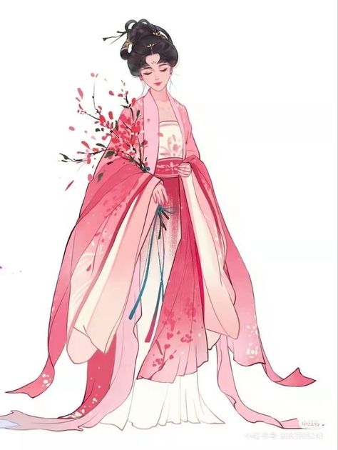 Ancient Chinese Clothing Drawing, Ancient Clothes Drawing, Flower Inspired Dress Illustration, Chinese Hanfu Drawing, Chinese Kimono Traditional, Hanfu Drawing Reference, Chinese Traditional Clothing Drawing, Chinese Traditional Drawing, Chinese Traditional Dress Drawing