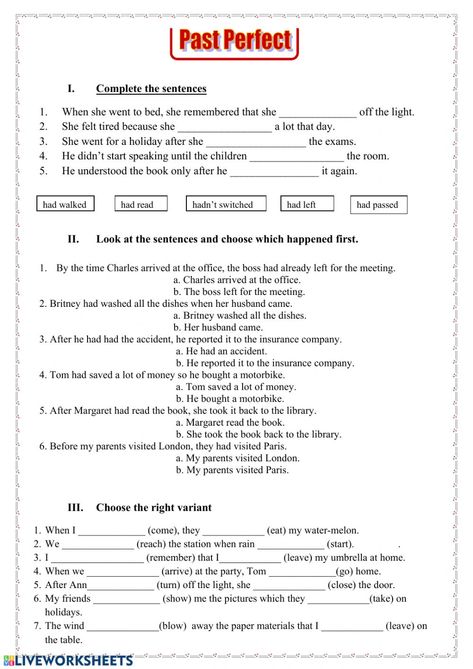 Past Perfect Tense Worksheets, Past Perfect Worksheets, Past Perfect Tense Exercises, Math Mental, Past Perfect Tense, Grammar Activities Worksheets, English Books For Kids, Esl Grammar, English Grammar Exercises