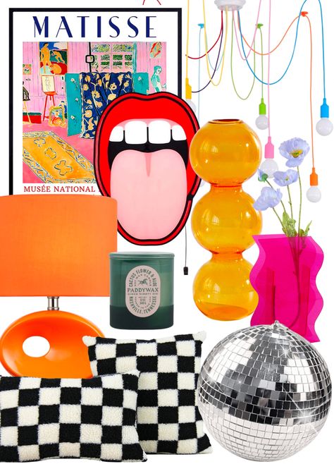 Black and white checkered throw pillows, pink vase, orange bubble vase, disco ball, green candle, neon sign, lips decor, Matisse print, orange lamp, colorful decor, eclectic aesthetic. Funky Unique Decor, Eclectic Spare Bedroom, Budget Maximalism, Aesthetic Room Decor Colorful, Unique Eclectic Decor, Funky Home Decor Living Room, Disco Room In House, Eclectic Disco Decor, Floating Shelves Maximalist