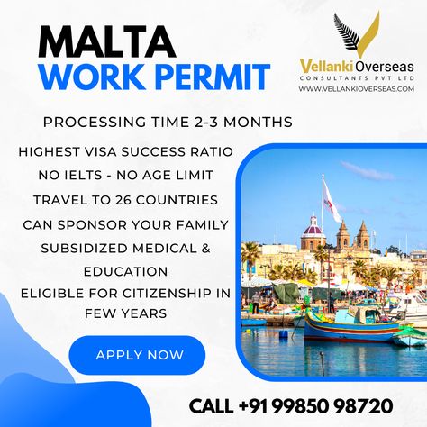 Exciting job opportunities in Malta! 🇲🇹 No IELTS or Age limit required, and with a 2-3 month processing time and a high success ratio, Vellanki Overseas can help you land your dream job. Don't miss out on this chance to work abroad! #jobsabroad #Malta #VellankiOverseas Work Abroad, Medical Education, Job Opportunities, Dream Job, Travel Agency, Malta, Your Dream, To Work, Dreaming Of You