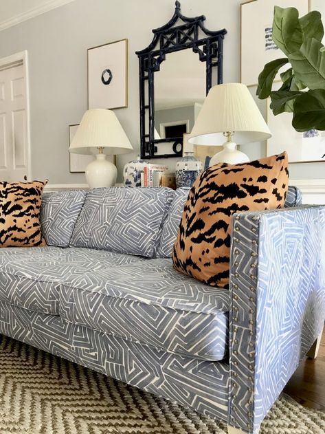 I Bought a Patterned Sofa. . . - Emily A. Clark Patterened Sofas, Printed Sofa Designs, Blue Patterned Sofa, Patterned Sofa Living Room, Patterned Couch Living Room, Patterned Sectional, Pattern Sofa Living Room, Patterned Sofas, Patterned Couch