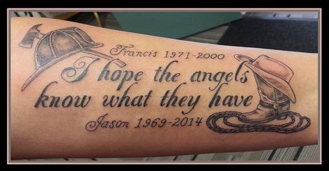 Black Memorial Tattoos, Memorial Tattoo For Daughter Lost, I Hope The Angels Know What They Have Tattoo, Memorial Tattoo For Brother Lost, Cowboy And Angel Tattoo, Cowboy Boots And Hat Memorial Tattoo, Rip Cowboy Tattoo, Meaningful Memorial Tattoos, Forearm Tattoo For Lost Loved One