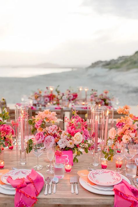 This colorful Cabo wedding is giving us boho Barbie vibes! Colorful Cabo Wedding, Mix And Match Tablescape, Spring Wedding Dinner Ideas, Pink And Orange Party Ideas, Different Shades Of Pink Wedding, Wedding Aesthetic Pink, Spring Wedding Ceremony Decor, All Pink Wedding, Spring Wedding Table Decor