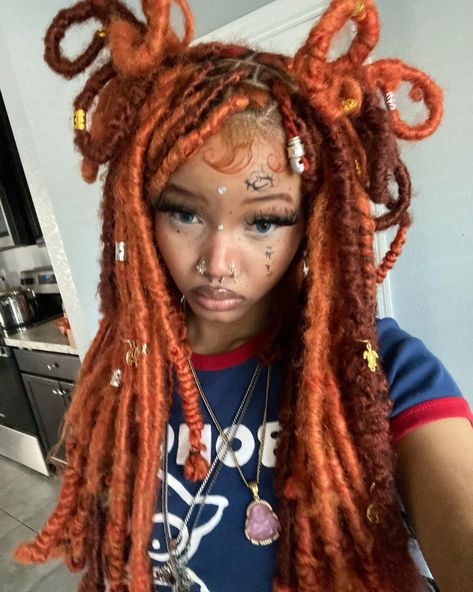 Orange faux locs Orange Faux Locs, Orange Dreads, Orange Hair Color Ideas, Orange Hair Color, Hair Color Orange, Y2k Hairstyles, Beautiful Black Hair, Creative Hair Color, Box Braids Hairstyles For Black Women