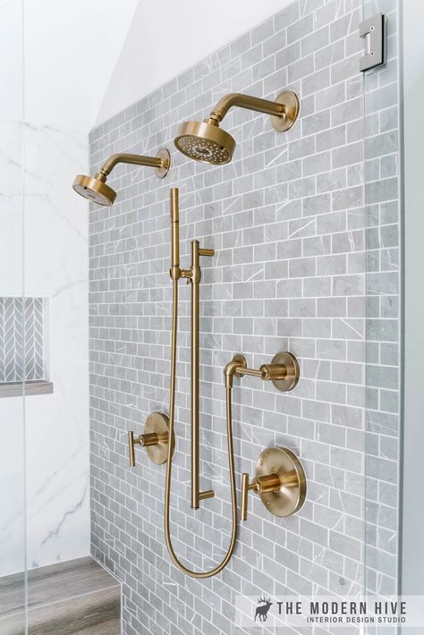 Master Shower Plumbing Fixtures, Gold Shower Fixtures Master Bath, Aged Brass Bathroom Fixtures, Gold Faucets Bathroom, Double Shower Head Master Baths, Gold Shower Fixtures, Shower Plumbing Fixtures, Master Shower Tile, Luxury Master Bath