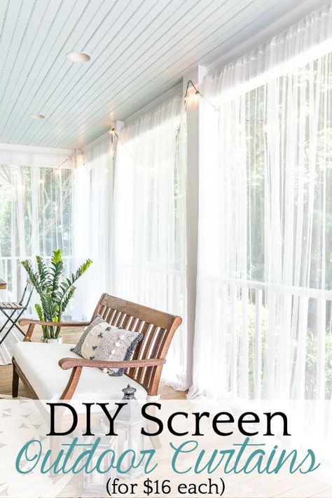 *Variation for Windows***DIY Outdoor Curtains and Screened Porch for Under $100 - Bless'er House Outdoor Mosquito Curtains Patio, Mosquito Nets For Patio, Ikea Net Curtains, Pergola Mosquito Netting, Covered Porch Curtains, Diy Mosquito Netting For Patio, Mosquito Curtains For Porch, Mosquito Netting Patio Diy, Small Screened In Porch Decorating Ideas