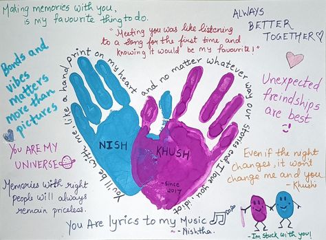 Handprint Art Friends, Painting Ideas To Do With Your Best Friend, Bff Poster Ideas, Drawing Ideas To Do With Friends, Handprint Best Friend, Bsf Hand Painting, Fingerprint Ideas For Friends, Best Friend Dairy Ideas Aesthetic, Hand Made B'day Gift For Bestfriend