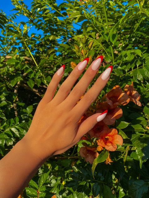 White Nails With Red French Tip, Red France Nails, Red French Nails Design, White Red Nails, French Nails Design, Red French Nails, Red French Manicure, Red Tips, Nail Decals Diy