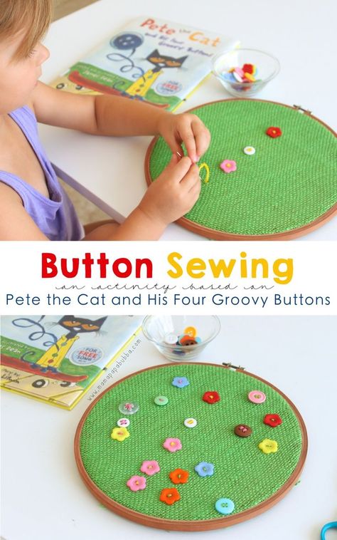 Button Sewing for Preschoolers {a Pete the Cat and His Four Groovy Buttons activity} | Mama.Papa.Bubba. Primary Montessori, Sewing Activities, Button Sewing, Preschool Fine Motor, Beginner Sewing, Pete The Cat, Beginner Sewing Projects Easy, Sewing Projects For Kids, Crafty Kids