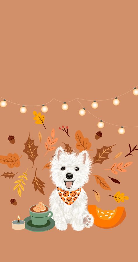 Dog Fall Wallpaper, Fall Dog Wallpaper, Westie Wallpaper, Halloween Wallpaper Dog, Halloween Dog Art, Golden Doodle Wallpaper, Halloween Dog Wallpaper, Dog Wallpaper Aesthetic, Dog Phone Wallpaper