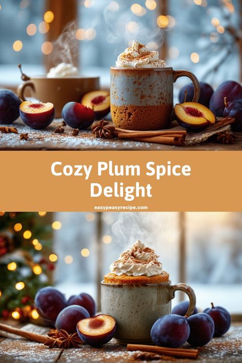 Two cozy mugs of plum and spice winter mug cakes garnished with whipped cream, surrounded by fresh plums and cinnamon sticks. Spice Mug Cake, Microwave Mug Cake, Microwave Mug, Easy Zucchini Recipes, Mug Cake Recipe, Winter Mug, Mug Cake Microwave, Pot Recipes Healthy, Homemade Dessert