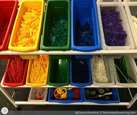 Color coded storage bins Makerspace Supplies, Small Tubs, Library Cart, Makerspace Library, Red Shelves, Blue Shelves, Cardboard Storage, Arts And Crafts Storage, Small Tub