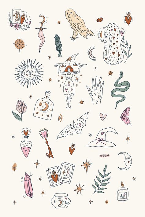 Witch of Love Bundle :: Behance Minimalist Elements, Boho Tattoos, Witch Tattoo, Illustrator Art, Art Director, Tattoos And Piercings, Graphic Designer, Creative Market, Tatting