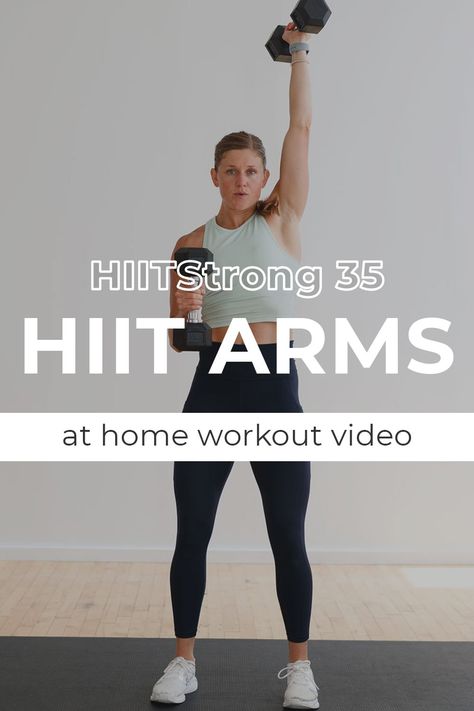 A HIIT workout to target the upper body and arms! Raise your heart rate while building muscle in your arms, shoulders, biceps, triceps, back, chest AND core with this at home HIIT arm workout. This circuit-style upper body HIIT workout is all about the ARMS (with some bonus abs and core too). Pairing dumbbell arm excises with with cardio tabata intervals to build upper body strength and burn calories. Build muscular and cardio endurance with these 12 dumbbell arm HIIT exercises at home! Upper Body Tabata Workouts, 45 Minute Arm Workout, Upper Body Workouts With Dumbbells, Tabata Arm Workout, Arm Hit Workout, Hitt Workout Arm, 45 Minute Upper Body Workout, Hiit Arms And Abs Workout, Hit Upper Body Workout