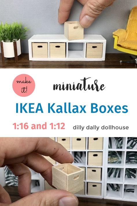 Tutorial - DIY wooden boxes to fit 1:12 and 1:16 miniature IKEA Kallax Dolls House Miniatures Diy, Diy Small Wooden Boxes, Miniature Ikea Furniture, 1:12 Furniture, Miniature Box Diy, Barbie Miniatures Diy, Miniature Doll House Diy, Diy For Dolls, Making Miniature Furniture