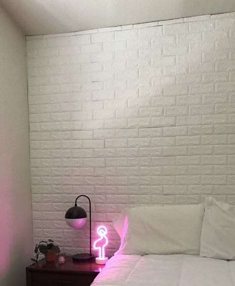 Wall Panel For Bed, White Brick Bedroom Wall, White Brick Wall Bedroom, Brick Bedroom Wall, Wallpaper Brick Wall, Brick Wallpaper Bedroom, Wallpaper For Renters, Brick Wall Bedroom, Lilac Room