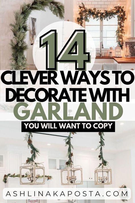 14 clever ways to decorate your home with faux garland this Christmas — ASHLINA KAPOSTA Garland Around Kitchen Sink Window, Over Door Decor Ideas, Natal, Christmas Garland Styling, Pumpkin Home Decorating Ideas, Decorating Christmas Garland Ideas, Christmas Mantle Swag Garlands, Christmas Stairwell Decor, Garland On Entry Table