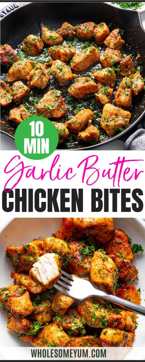 Chicken BitesCast Iron Chicken Thighs Teriyaki Chicken Bowl Pan Seared Chicken Breast Lemon Garlic Chicken  - These easy, juicy chicken bites are a riff on my favorite garlic butter steak bites. I love those so much that naturally, I had to find out what would happen if I did it with chicken. Juicy, buttery, garlicky perfection, that’s what. I cooked these almost the same way as the steak ones, but they’ve got a generous coating of spices. It’s like a twist on my garlic butter chicken in miniatu Garlic Butter Chicken Bites Asparagus, Easy Clean Chicken Recipes, Buttery Chicken Breast, Easy Pan Chicken Recipes, Healthy Quick Chicken Recipes, Chicken Breast Cubes Recipes, Simple Chicken Breast Recipes Skillet, Easy Dinner Chicken Breast, Sautéed Chicken Recipes