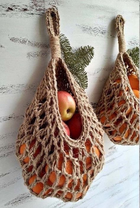 Crochet Hanging Fruit Baskets Ideas Baskets Ideas, Hanging Fruit Baskets, Crochet Hanging, Crocheted Bags, Crochet Storage, Crochet Fruit, Fruit Baskets, Large Basket, Small Basket