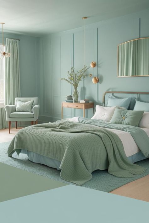 Cozy bedroom Mint Green And Gold Bedroom, Greenish Blue Bedroom, Light Teal Room, Teal And Green Bedroom, Aquamarine Room, Light Teal Bedroom Ideas, Blue And Green Bedroom Ideas, Light Teal Bedroom, Dream Bedroom Ideas