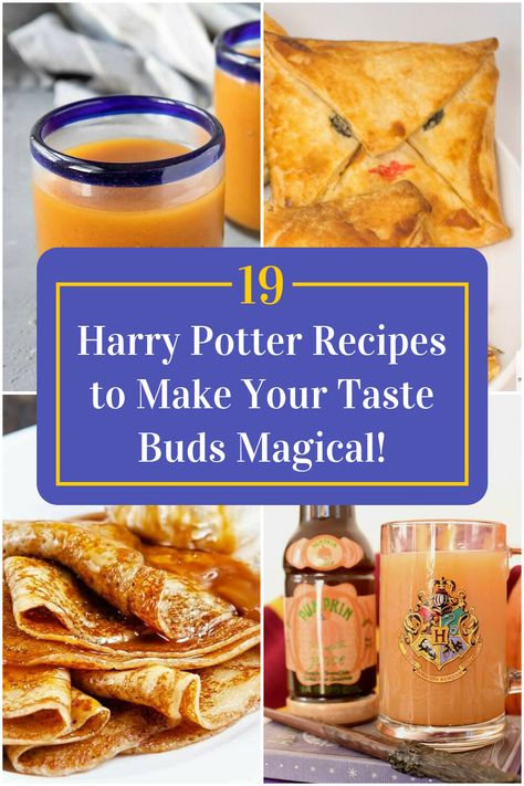 Collage of 4 harry potter recipes. Harry Potter Dishes Recipes, Harry Potter Howler Pastry, Harry Potter Themed Breakfast, Harry Potter Pancakes, Harry Potter Menu Food, Harry Potter Meals, Harry Potter Hot Chocolate, Harry Potter Food Recipes, Harry Potter Dishes