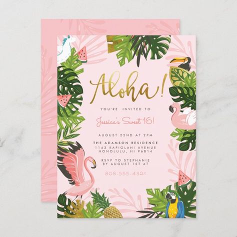 Aloha! Tropical Sweet 16 Flamingo Birthday Party Invitation Postcard #Ad , #AFFILIATE, #Flamingo#Party#Birthday#Aloha Tropical Sweet 16, Flamingo Birthday Party Invitations, Hawaii Birthday Party, Summer Birthday Party Invitations, Tropical Birthday Invitations, Tropical Birthday Party, Summer Party Invitations, Flamingo Birthday Party, Hawaiian Birthday