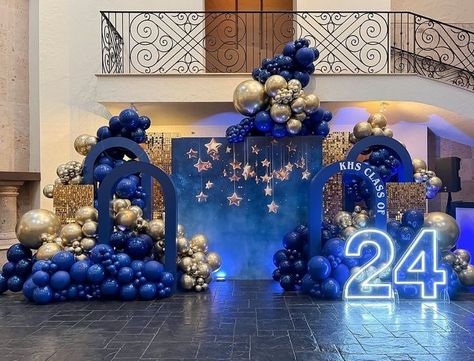 Different Shades Of Blue Birthday Party, Blue And Gold Birthday Decorations, Blue Graduation Decorations, Balloon Birthday Themes, Blue Party Decorations, Birthday Room Decorations, Blue Birthday Parties, Blue Graduation, Prom Decor