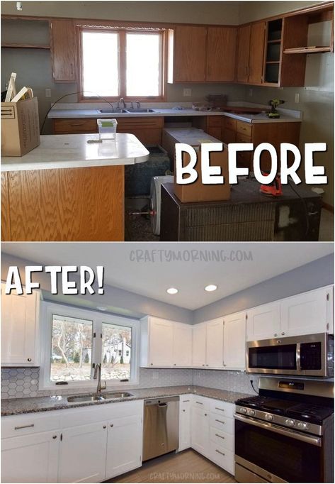 Before and after kitchen cabinet makeover! DIY how to make shaker style cabinet doors on old oak or plywood cabinets. 1950s house flip. Ugly kitchen remodel. DIY white kitchen cabinet makeover. #diy #diyprojects #diymakeover #kitchenmakeover #kitchenremodelling #craftymorning Kitchen Cabinet Door Makeover, Cabinet Door Makeover, House Flips, Diy Kitchen Cabinet, Cabinet Makeover Diy, Ugly Kitchen, Shaker Style Cabinet Doors, Old Kitchen Cabinets, Refacing Kitchen Cabinets