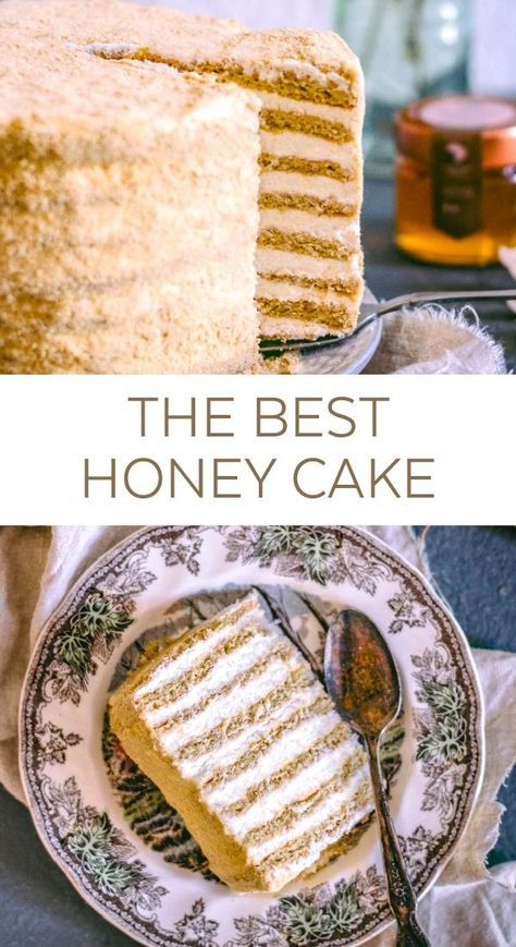 You have to try this easy homemade HONEY CAKE recipe! It's the best! Has a delicious mascarpone filling and is great for a crowd for a birthday or bridal shower celebration! #honeycake #cakerecipe #homemadecake #easycake #honey #beeseasonal #beeseasonalhoney Honey Recipes Dessert, Carmel Cake, Mascarpone Filling, Honey Dessert, Honey Cake Recipe, Happy 1st Birthday, Best Honey, Honey Cake, Cake Fillings