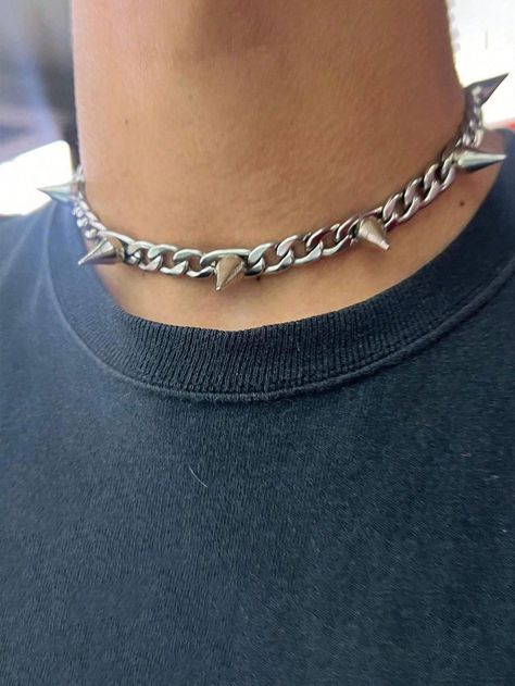 Silver Punk,Fashionable Collar  Zinc Alloy   Embellished   Men Fashion Jewelry Rock Vintage, Rock Necklace, Style Hip Hop, Mens Jewelry Necklace, Estilo Hip Hop, Rock Chic, Estilo Punk, Style Punk, Silver Chain Necklace