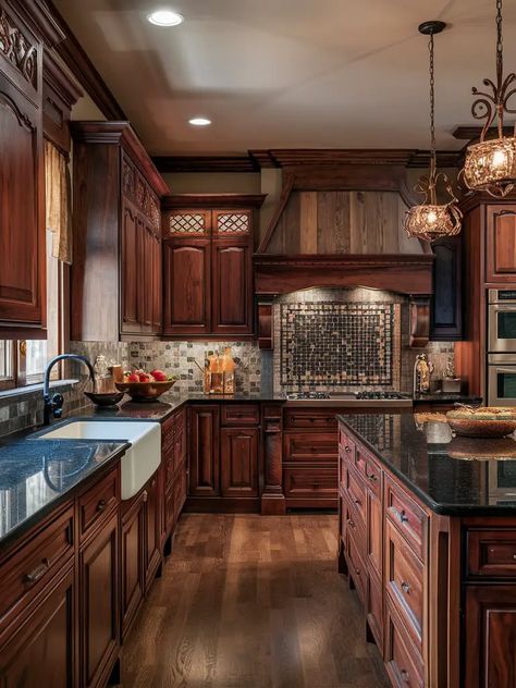 21 Dark Wood Kitchen Cabinets – Your Motor Geek Dark Wood Cupboards Kitchen, Kitchen Remodel Dark Wood Cabinets, Dark Wooden Kitchen Cabinets, Kitchen Light Brown Cabinets, Kitchen Cabinets Dark Floors, Brown Aesthetic Kitchen, Brown Wood Cabinets Kitchen, Kitchens Dark Cabinets, Cherrywood Cabinet Kitchen