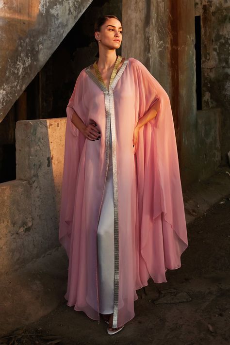 Shop for these amazing collections of Pink Chiffon (100% Viscose) V Neck Metallic Tape Organza Kaftan For Women by AKHL online at Aza Fashions. Organza Kaftan, Kaftan Women, Kaftan For Women, King Lear, Metallic Yarn, Pink Chiffon, Fashion App, Abaya Fashion, Pink Satin