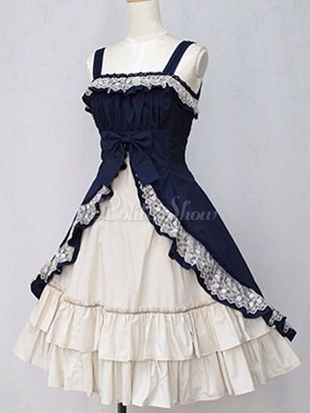 Lolitashow Classic Lolita Dress JSK Cotton Two Tone Ruffled Bow Lace Up Lolita Jumper Skirt - Lolitashow.com Fancy Prom Dresses, Classic Lolita, Masquerade Costumes, Jumper Skirt, Vestidos Vintage, Halloween Dress, Lolita Dress, Gothic Lolita, Lolita Fashion