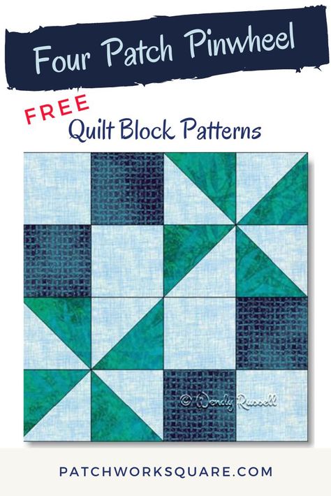 Four Patch Pinwheel quilt block Machine Binding A Quilt, Baby Quilt Patterns Easy, Pinwheel Quilt Block, Quilt Blocks Easy, Pinwheel Block, Big Block Quilts, Postage Stamp Quilt, Four Patch, Barn Quilt Designs