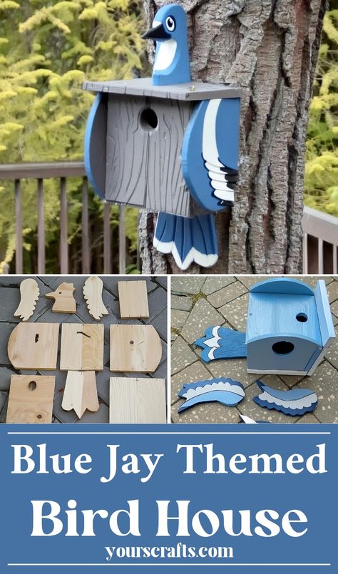 Blue Jay Themed Bird House Bluebird House, Deck Projects, How To Attract Birds, Backyard Deck, Picture Hangers, Blue Jays, Diy Backyard, Blue Jay, Bluebird