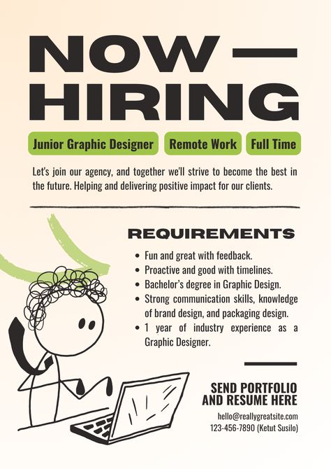 Stand out in the job market with our 'Green and Cream Creative Job Poster.' This fresh and innovative design is perfect for attracting top-tier talent. Make your job postings irresistible—try it today! Job Hiring Poster, Hiring Template, Hiring Poster, Job Poster, Creative Jobs, We're Hiring, Job Hiring, Job Description, Jobs Hiring