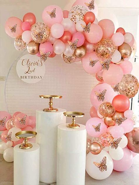 Amazon.com: 150pcs Rose Gold Pink Butterfly Balloon Garland Arch Kit Theme Baby Shower Birthday Bachelorette Party Decorations for Girl Women, Rose Gold Pink Balloons, Baby Girl Balloon : Home & Kitchen Aniversario Rose Gold, Rose Gold And Pink Birthday Party, Pink And Gold Themed Birthday Party, Pink And Gold Birthday Party Decorations, Rose Gold Themed Birthday Party, Rose Gold Birthday Theme, Pink Butterfly Decorations, Butterfly Balloon Garland, Gold Theme Birthday