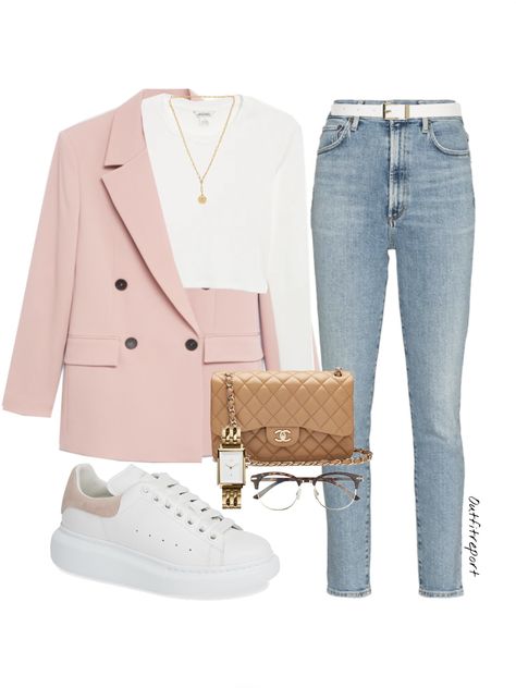 White And Pink Sneakers Outfit, Mango Blazer Outfit, Pink And White Sneakers Outfit, Blush Blazer Outfit Casual, Pink Alexander Mcqueen Sneakers Outfit, Jean And White Outfit, Alexander Mcqueen Trainers Outfit, Chanel Trainers Outfit, Pink And Jeans Outfit