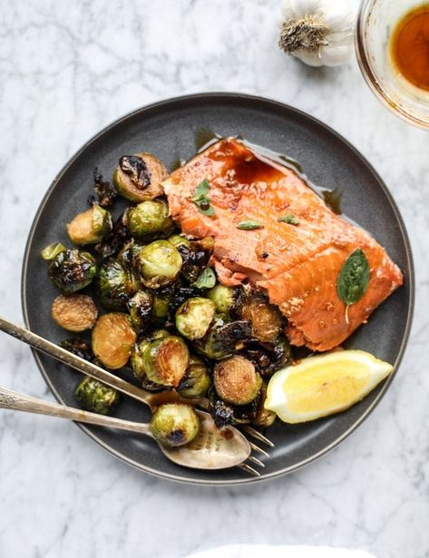 Honey Garlic Salmon with Brussels Salmon And Brussel Sprouts, Sheet Pan Salmon, Pan Salmon, Honey Garlic Salmon, Garlic Butter Salmon, Butter Salmon, Garlic Salmon, Honey Garlic, Sheet Pan Recipes