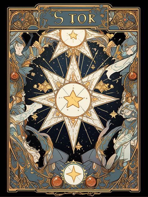 Tarot Card Design Ideas, The Stars Tarot Card, Tarot Cards Illustration, Tarot Card The Star, Tarot Card Aesthetic, Tarot Card Illustration, Celestial Poster, Tarot Card Designs, Tarot Illustration