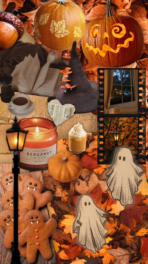 Ghost Shuffle, Psl Aesthetic, Fall Wallpaper For Ipad, Halloween Autumn Wallpaper, September Collage, Halloween Mood Board, Halloween Wallpaper Ipad, Halloween Shuffle, Halloween Collage Wallpaper