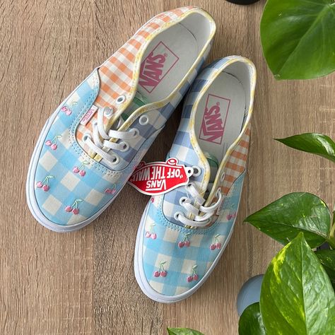 Vans Colorful Gingham Block With Cherry Embroidered Detail Orange Yellow Blue Pink Green Patchwork Seriously The Cutest Vans Of The Season New Without Box Women’s 6.5 Men’s 5 Vans Colorful, Cute Vans, Skater Shoes, Vans Blue, Shoes Vans, Blue Gingham, Womens Vans, Vans Shoes, Orange Yellow