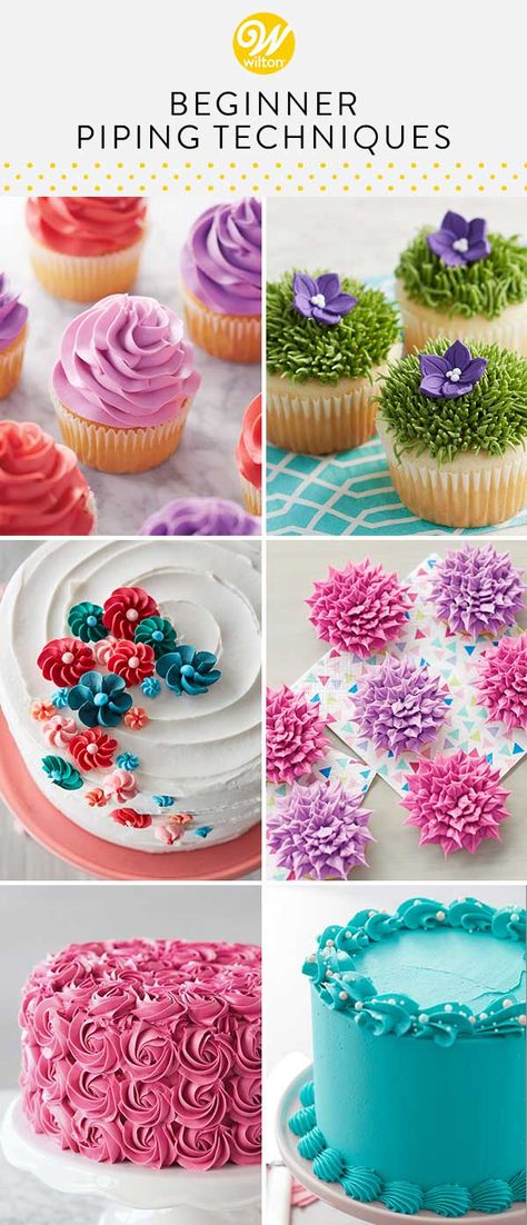 Whether you’re new to cake decorating or just want to brush up on your piping skills, these 9 beginner piping techniques are all you need to get started. From classic cupcake swirls to piping buttercream flowers and borders, these simple cake piping techniques are sure to have you enticed to ice! #wiltoncakes #cakedecorating #pipingtechniques Simple Cake Decorating Easy Buttercream Frosting Piping Techniques, Iced Flowers On Cake, Easy Icing Flowers For Cake, How To Ice Flowers On A Cake, Piping A Cake, Icing For Cupcakes Decorating, Cake Decorating Flowers Buttercream, Best Frosting For Cake Decorating, Frosting Decorating Tips