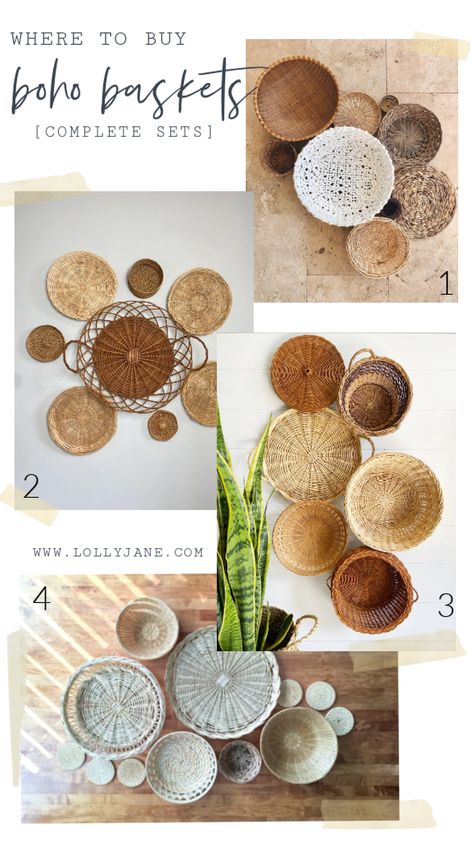 Kitchen Basket Wall Decor, Basket Walls Boho Kitchen, Wicker Placemats On Wall, Seagrass Basket Wall Decor, Wicker Basket Wall Art Bedroom, Basketwall Boho Bedroom, Rattan Gallery Wall, Modern Boho Living Room Wall Decor, Wicker Basket Walls