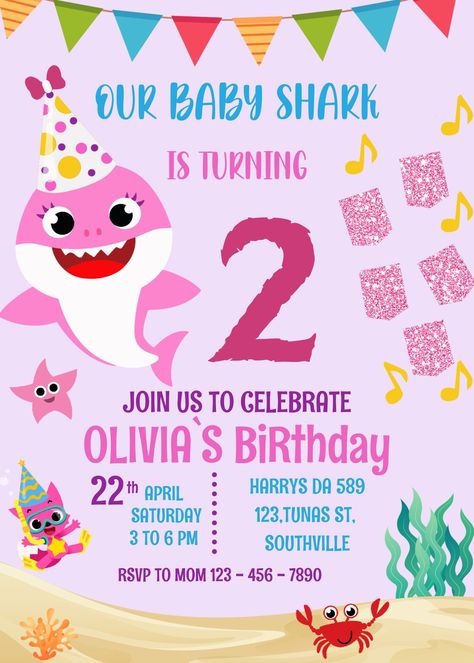 Baby Shark Birthday Invitation Template Canva 4 - Payhip Baby Shark Birthday Invitation Free, Babyshark Bday Invitation Template, Baby Shark Birthday Invitation Template, Baby Shark Invitations Birthday Girl, Baby Shark Invitations Template, Baby Shark 3rd Birthday Party Girl, Baby Shark 2nd Birthday Party Girl, Baby Shark 3rd Birthday, Baby Shark Birthday Card