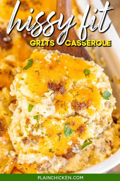 Hissy Fit Grits Casserole - Plain Chicken Fruit Salad With Cream, Cheese Grits Casserole, Grits Breakfast, Grits Casserole, How To Cook Grits, Cheesy Grits, Muenster Cheese, Grits Recipe, Fruit Salad Easy